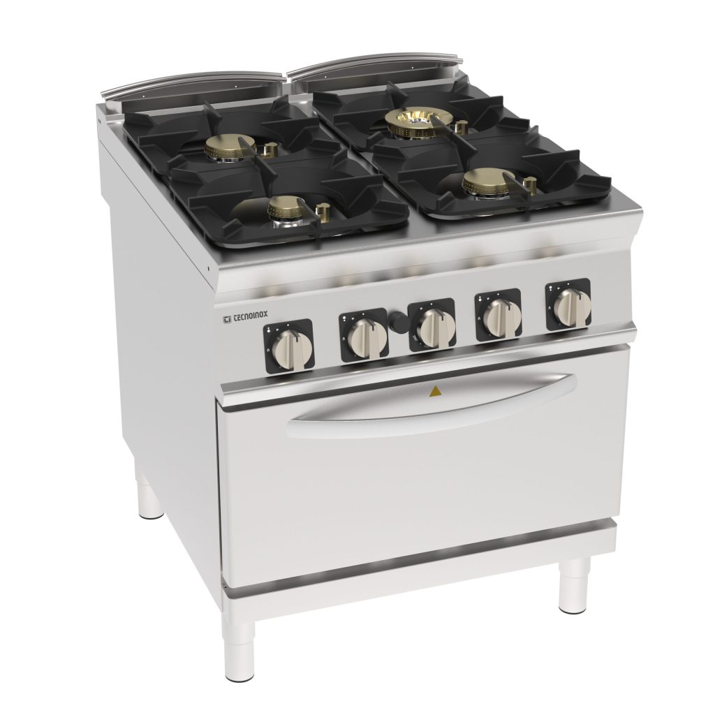 Cucina gas ermetica 4 fuochi Super con griglie in ghisa su forno gas statico GN2/1 con 1 griglia
