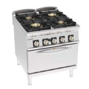 Cucina gas ermetica 4 fuochi High Power con griglie in ghisa su forno gas statico GN2/1 con 1 griglia