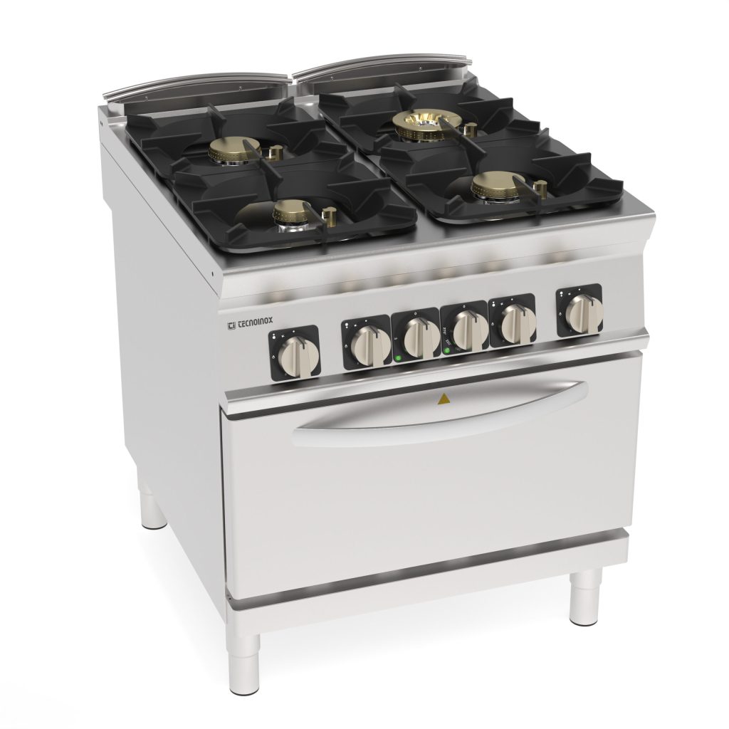 Cucina gas ermetica 4 fuochi Super con griglie in ghisa su forno elettrico statico GN2/1 con 1 griglia