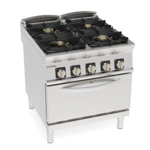 Cucina gas ermetica 4 fuochi con griglie in ghisa su forno elettrico ventilato GN1/1 con 1 griglia