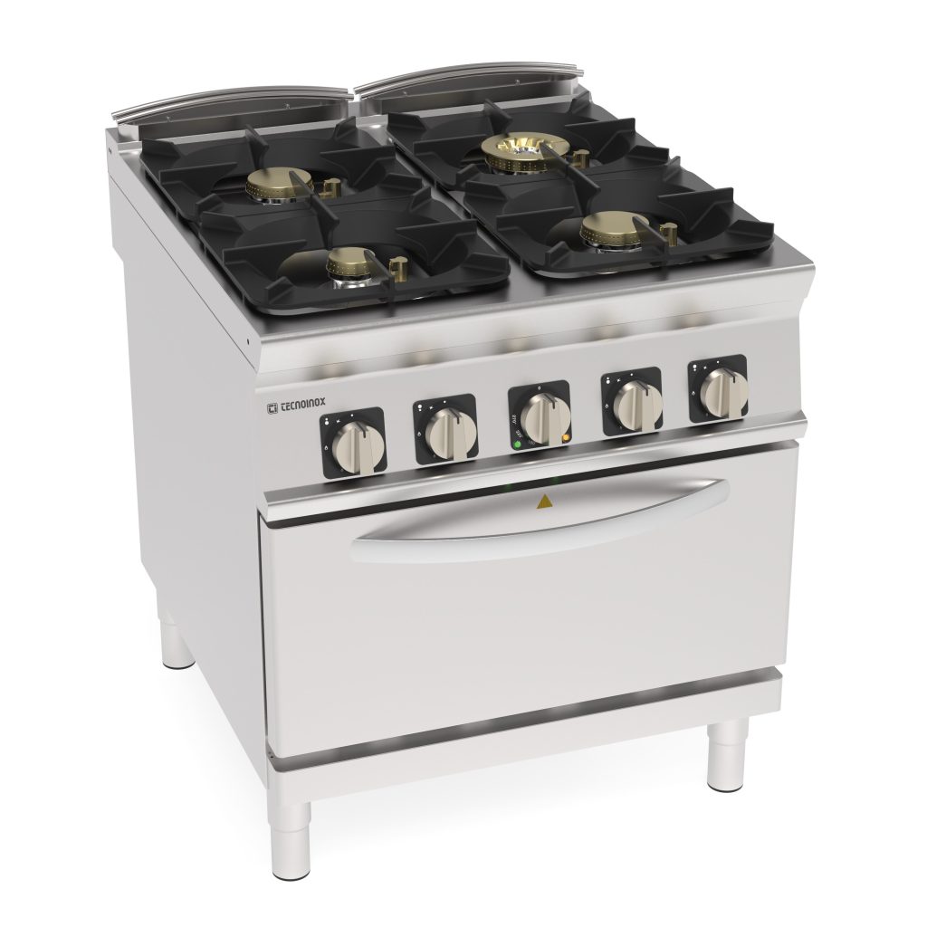 Cucina gas ermetica 4 fuochi Super con griglie in ghisa su forno elettrico ventilato GN1/1 con 1 griglia