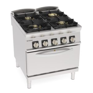 Cucina gas ermetica 4 fuochi Super con griglie in ghisa su forno elettrico ventilato GN1/1 con 1 griglia