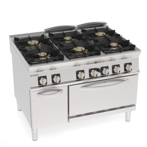 Cucina gas ermetica 6 fuochi con griglie in ghisa su forno gas statico GN2/1 con 1 griglia