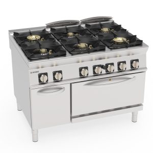 Cucina gas ermetica 6 fuochi Super con griglie in ghisa su forno gas statico GN2/1 con 1 griglia
