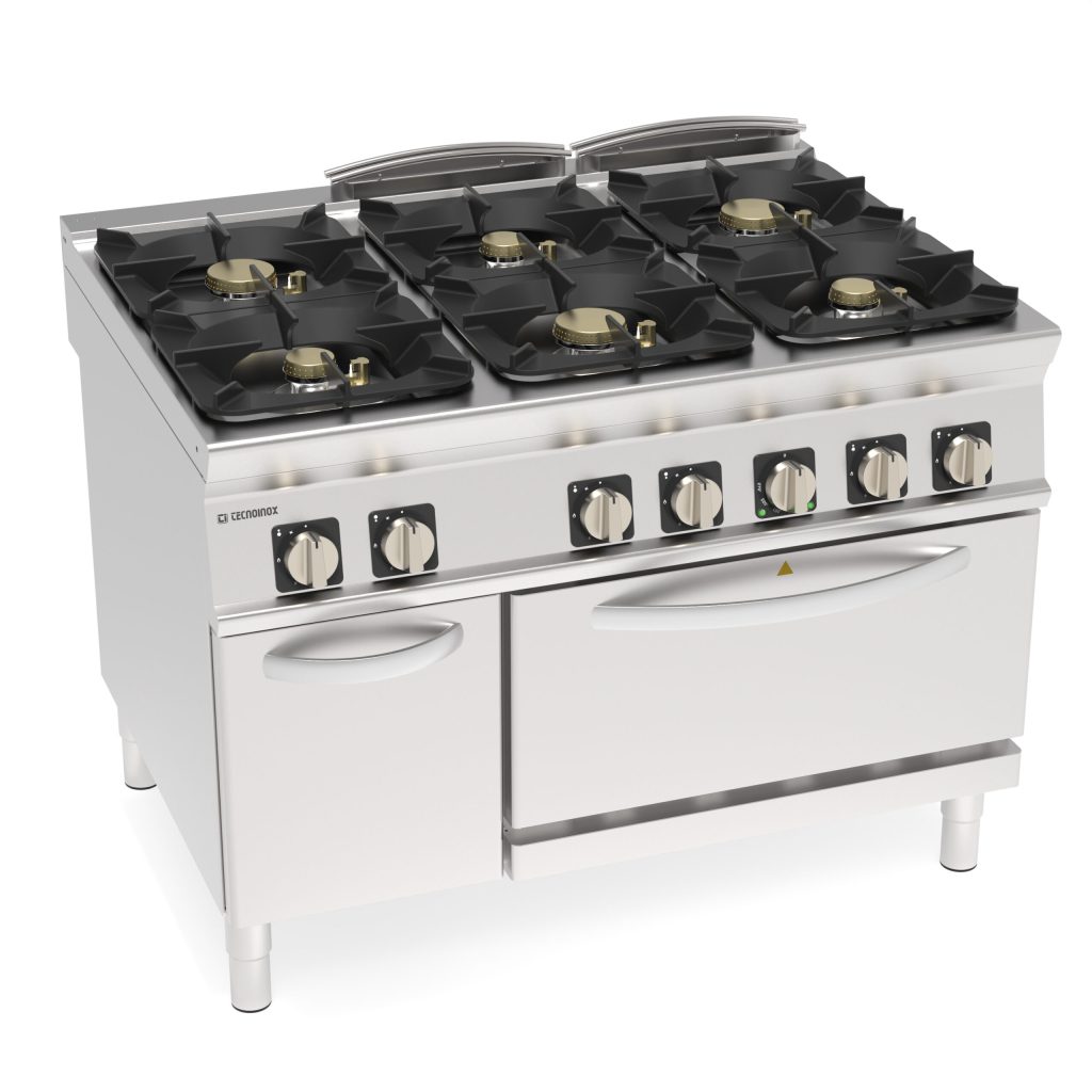 Cucina gas ermetica 6 fuochi con griglie in ghisa su forno elettrico ventilato GN1/1 con 1 griglia