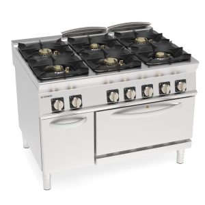 Cucina gas ermetica 6 fuochi con griglie in ghisa su forno elettrico ventilato GN1/1 con 1 griglia