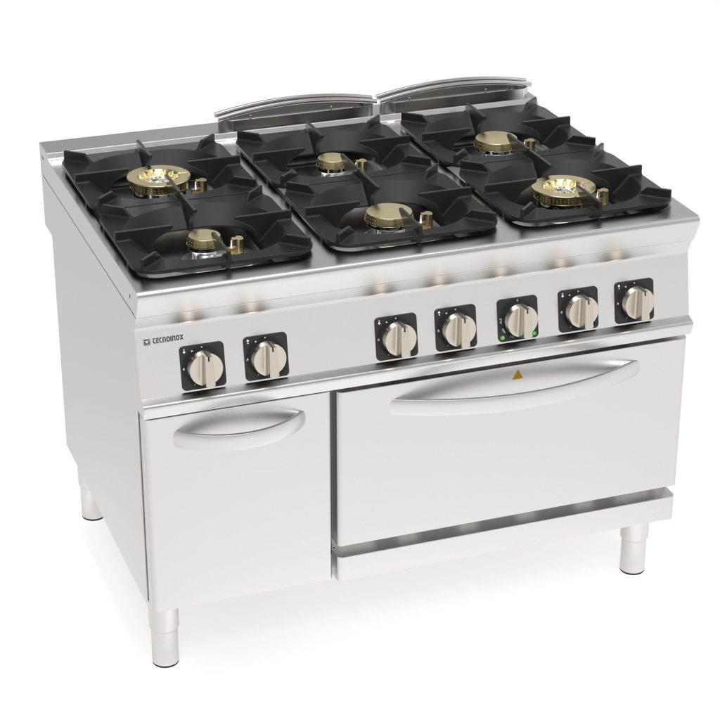 Cucina gas ermetica 6 fuochi Super con griglie in ghisa su forno elettrico ventilato GN1/1 con 1 griglia