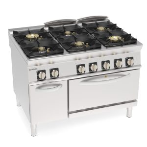 Cucina gas ermetica 6 fuochi Super con griglie in ghisa su forno elettrico ventilato GN1/1 con 1 griglia