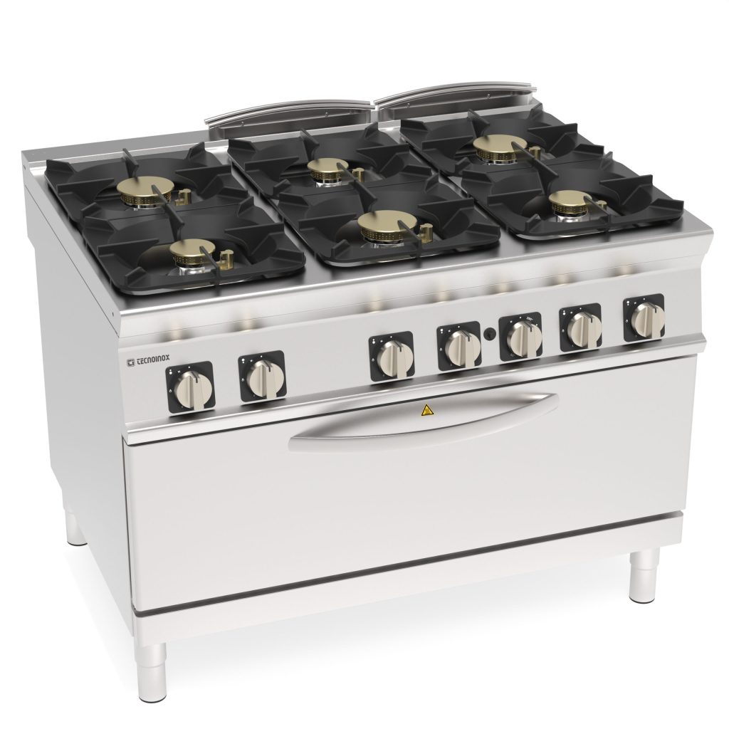 Cucina gas ermetica 6 fuochi con griglie in ghisa su forno gas statico full-size con 1 griglia