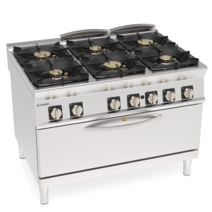 Cucina gas ermetica 6 fuochi con griglie in ghisa su forno gas statico full-size con 1 griglia