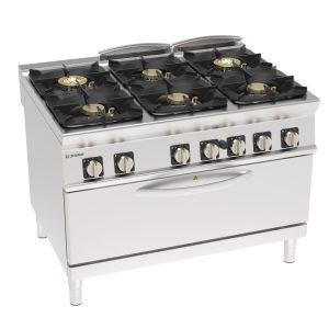 Cucina gas ermetica 6 fuochi High Power con griglie in ghisa su forno gas statico full-size con 1 griglia