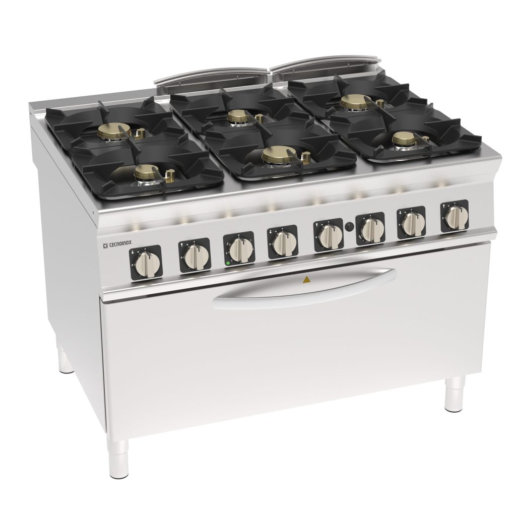 Cucina gas ermetica 6 fuochi con griglie in ghisa su forno gas statico full-size e Grill elettrico con 1 griglia