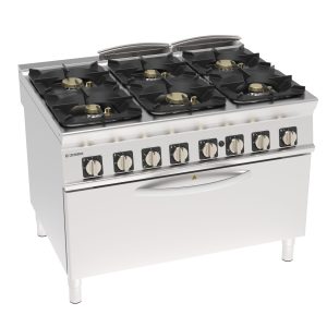Cucina gas ermetica 6 fuochi con griglie in ghisa su forno gas statico full-size e Grill elettrico con 1 griglia