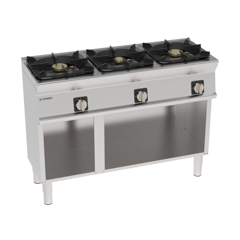 Piano cottura gas ermetico 3 fuochi con griglia in ghisa freestanding su vano aperto