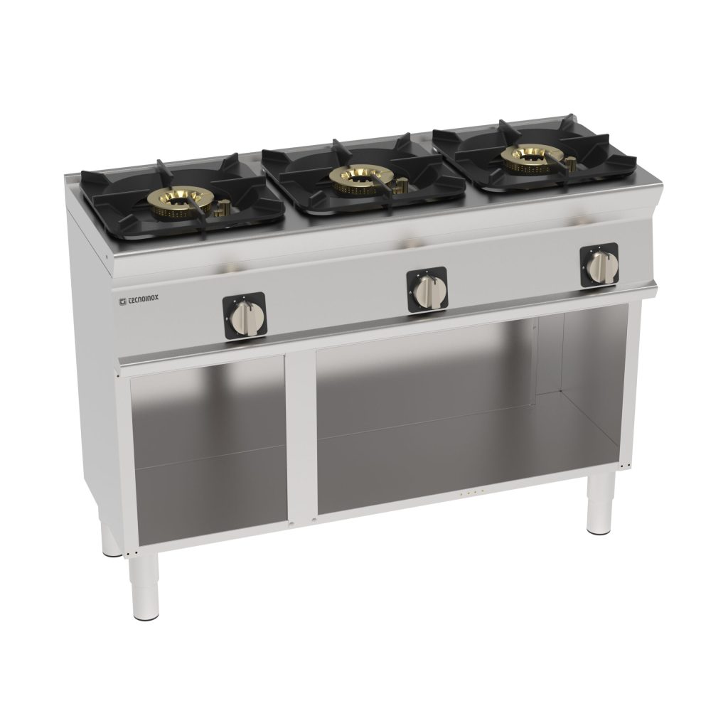 Piano cottura gas ermetico 3 fuochi High Power con griglia in ghisa freestanding su vano aperto