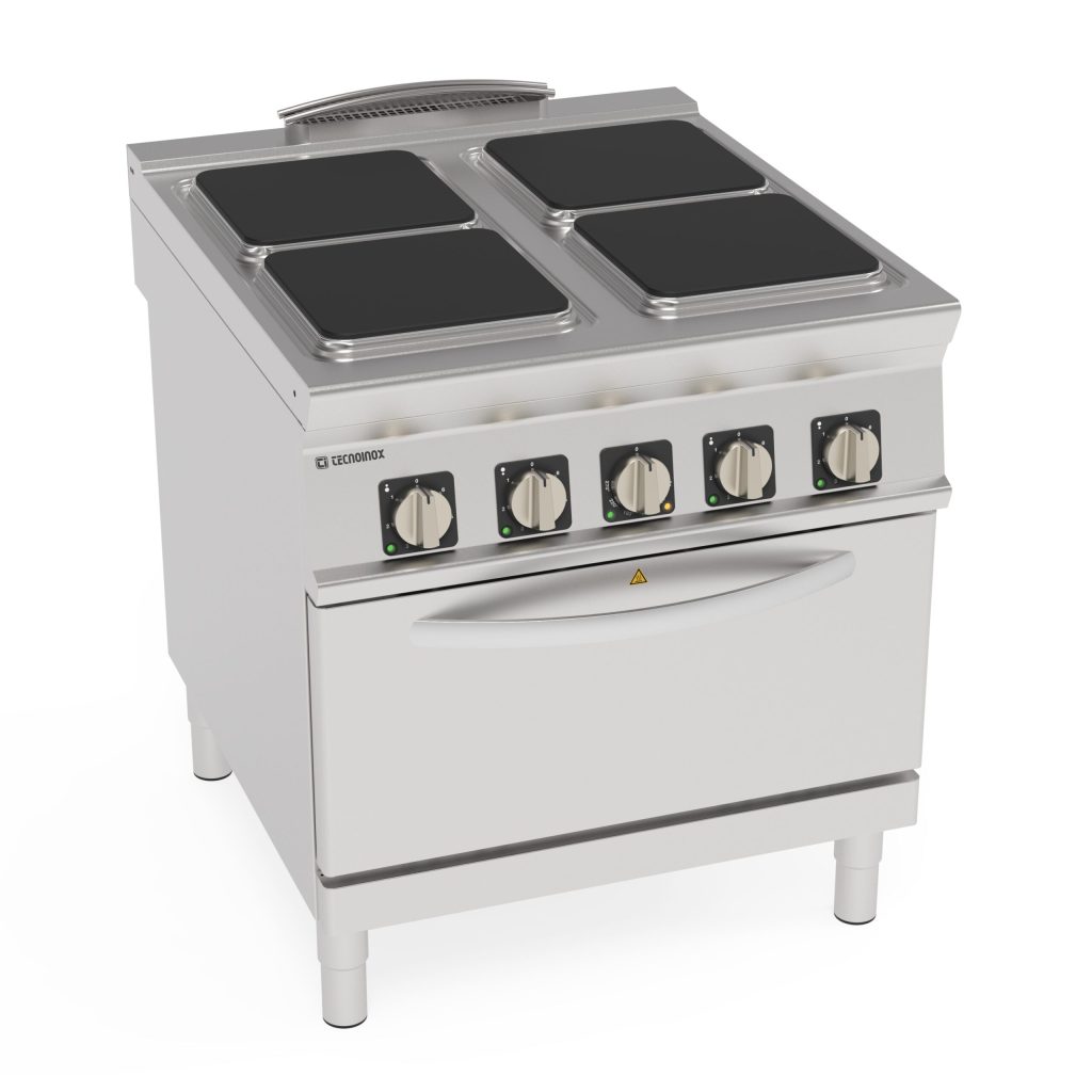 Cucina elettrica 4 piastre ermetiche quadre (30x30cm – 11.8×11.8in) con forno elettrico convezione GN1/1 con 1 griglia