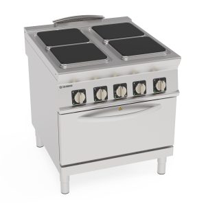 Cucina elettrica 4 piastre ermetiche quadre (30x30cm – 11.8×11.8in) con forno elettrico convezione GN1/1 con 1 griglia