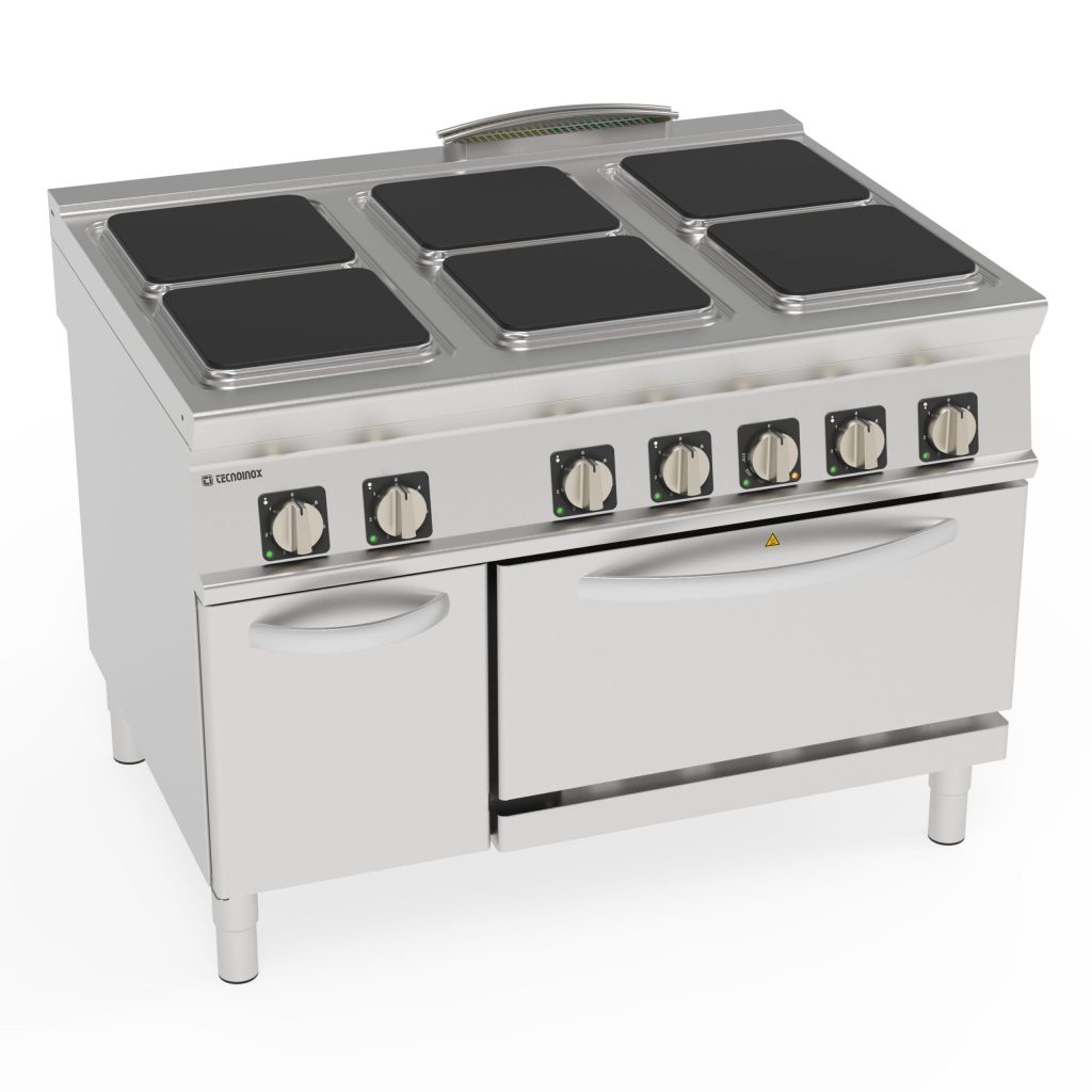Cucina elettrica 6 piastre ermetiche quadre (30x30cm – 11.8×11.8in) con forno elettrico convezione GN1/1 con 1 griglia