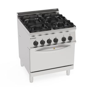 Cucina gas 4 fuochi con griglie in ghisa su forno elettrico statico GN2/1 con 1griglia