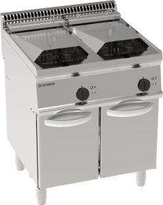 Friggitrice elettrica vasca doppia 14+14 lt con elementi riscaldanti in vasca basculanti freestanding su vano chiuso – cestelli, coperchi evasca recupero olio inclusi