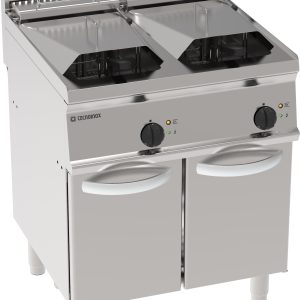 Friggitrice elettrica vasca doppia 14+14 lt con elementi riscaldanti in vasca basculanti freestanding su vano chiuso – cestelli, coperchi evasca recupero olio inclusi