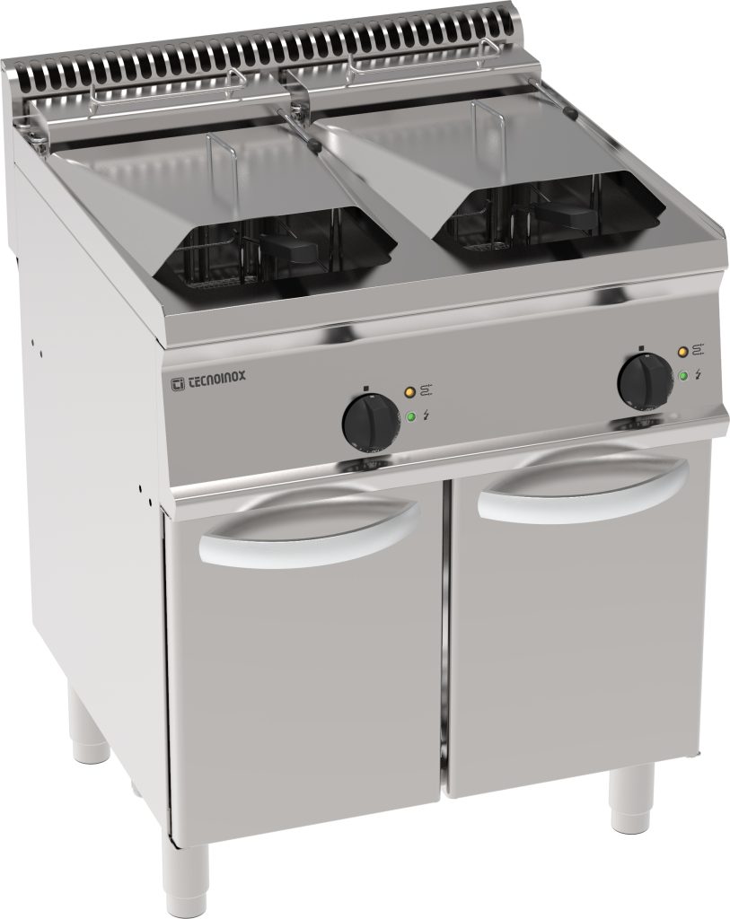 Friggitrice elettrica vasca doppia 14+14 lt con elementi riscaldanti in vasca basculanti freestanding su vano chiuso – cestelli, coperchi evasca recupero olio inclusi
