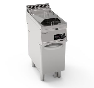 Friggitrice elettrica vasca singola 14lt a controllo elettronico con elementi riscaldanti in vasca basculanti freestanding su vano chiuso – cestelli, coperchi e vasca recupero olio inclusi