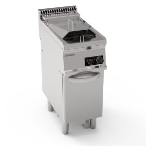 Friggitrice elettrica vasca singola 14lt a controllo elettronico con elementi riscaldanti in vasca basculanti freestanding su vano chiuso – cestelli, coperchi e vasca recupero olio inclusi