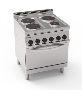 Cucina elettrica 3+1 piastre tonde ermetiche su forno elettrico statico GN2/1 e 1 griglia (diam 22cm – 8.7in & diam 15cm- 5.9in)