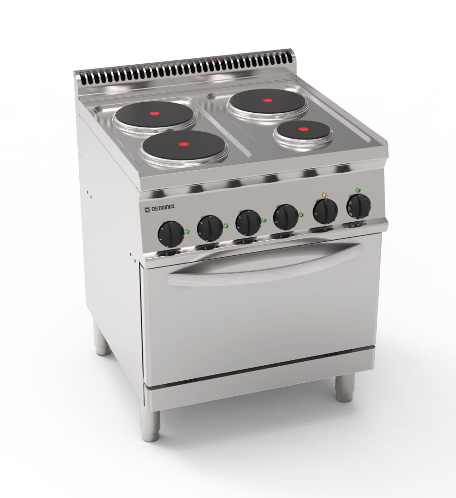 Cucina elettrica 3+1 piastre tonde ermetiche su forno elettrico statico GN2/1 e 1 griglia (diam 22cm – 8.7in & diam 15cm- 5.9in)