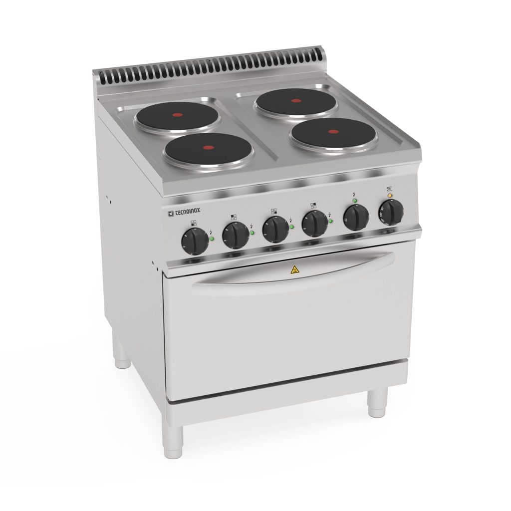 Cucina elettrica 4 piastre tonde ermetiche su forno elettrico statico GN2/1 e 1 griglia (diam 22cm – 8.7in)