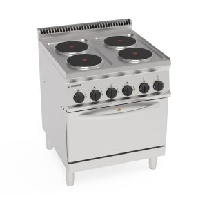 Cucina elettrica 4 piastre tonde ermetiche su forno elettrico statico GN2/1 e 1 griglia (diam 22cm – 8.7in)
