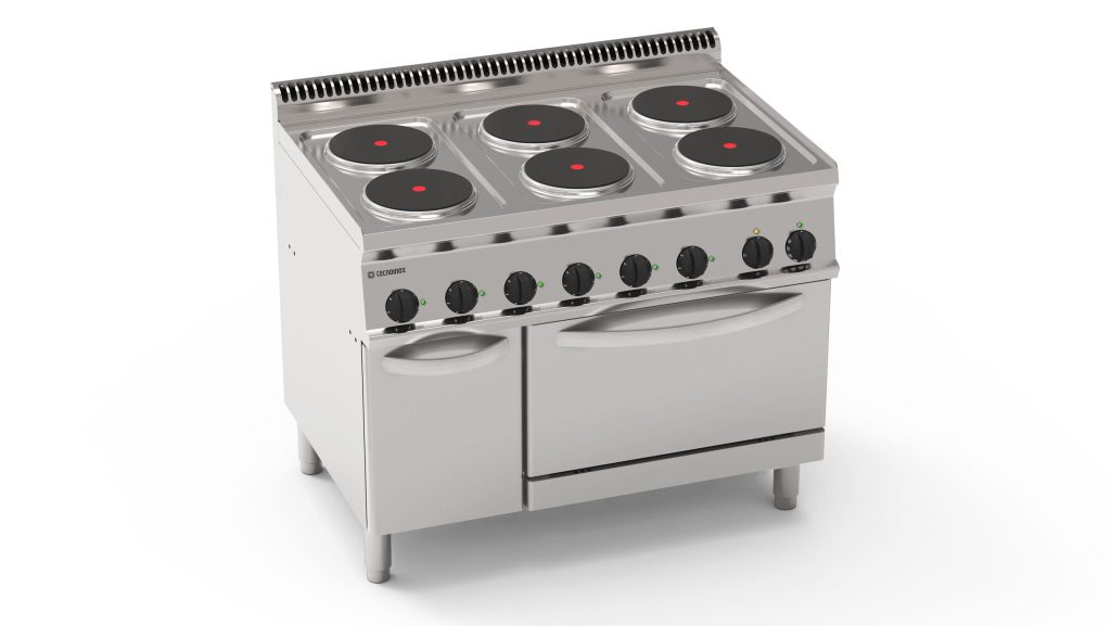 Cucina elettrica 6 piastre tonde ermetiche su forno elettrico statico GN2/1 e 1griglia (diam 22cm – 8.7in)
