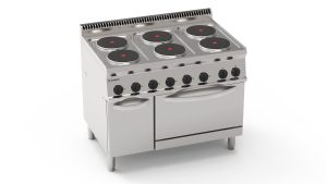 Cucina elettrica 6 piastre tonde ermetiche su forno elettrico statico GN2/1 e 1griglia (diam 22cm – 8.7in)