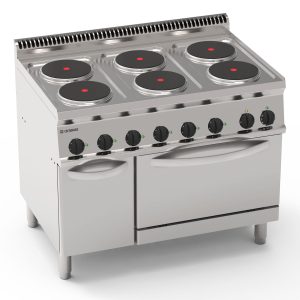 Cucina elettrica 6 piastre tonde ermetiche su forno elettrico statico GN2/1 e 1griglia (diam 22cm – 8.7in)