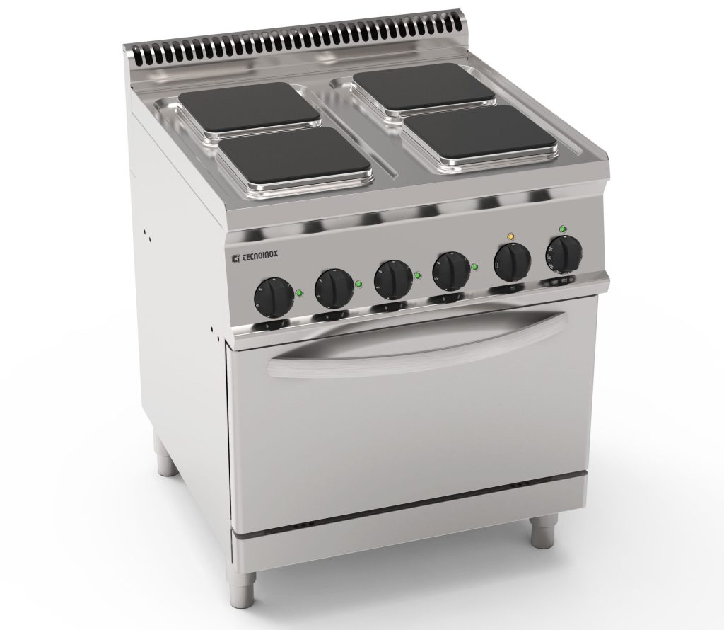 Cucina elettrica 4 piastre quadre ermetiche su forno elettrico statico GN2/1 e 1 griglia (piastre 22x22cm – 8.7×8.7in)
