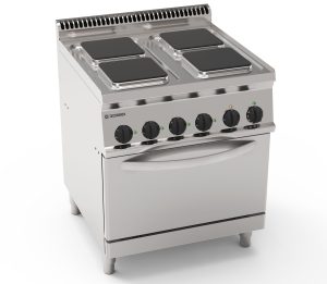 Cucina elettrica 4 piastre quadre ermetiche su forno elettrico statico GN2/1 e 1 griglia (piastre 22x22cm – 8.7×8.7in)