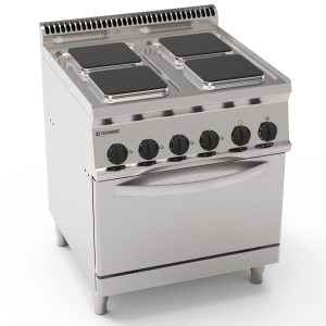 Cucina elettrica 4 piastre quadre ermetiche su forno elettrico statico GN2/1 e 1 griglia (piastre 22x22cm – 8.7×8.7in)