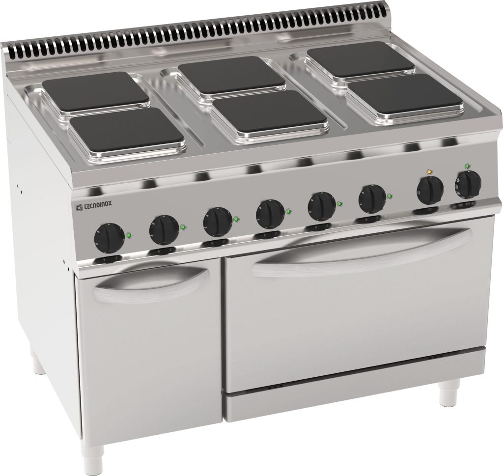 Cucina elettrica 6 piastre quadre ermetiche su forno elettrico statico GN2/1 e 1 griglia (piastre 22x22cm – 8.7×8.7in)