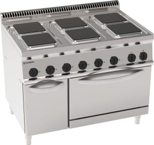 Cucina elettrica 6 piastre quadre ermetiche su forno elettrico statico GN2/1 e 1 griglia (piastre 22x22cm – 8.7×8.7in)