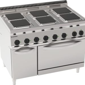 Cucina elettrica 6 piastre quadre ermetiche su forno elettrico statico GN2/1 e 1 griglia (piastre 22x22cm – 8.7×8.7in)