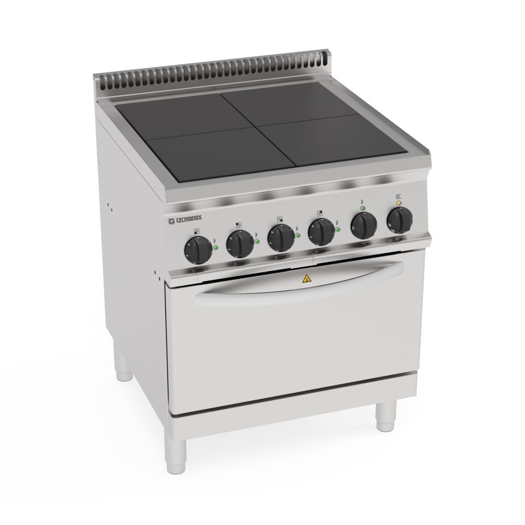Cucina elettrica 4 piastre quadre complanari su forno elettrico statico GN2/1 con 1 griglia (piastra 30x30cm – 11.8×11.8in)