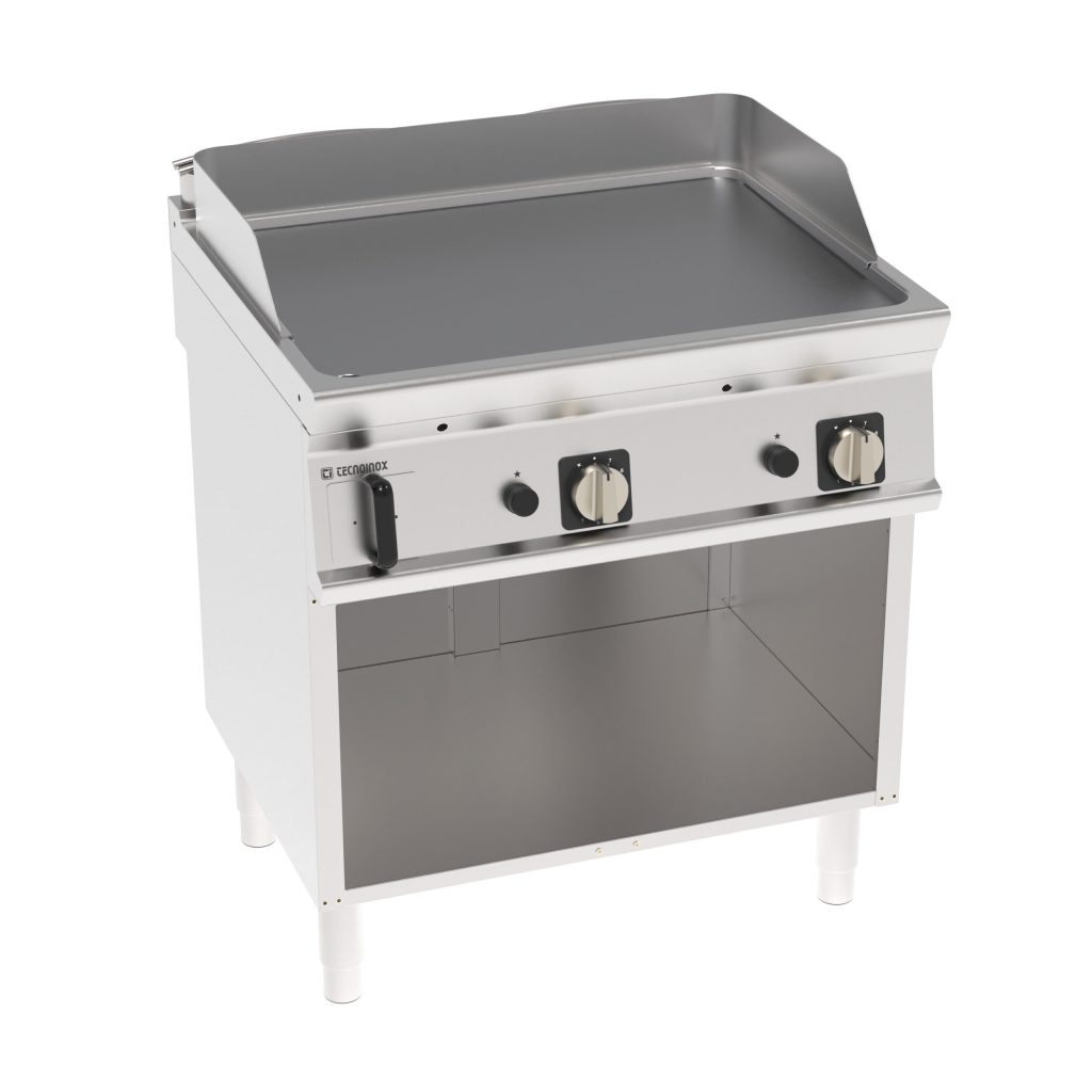 Fry-Top gas piastra liscia cromata spazzolata freestanding su vano aperto