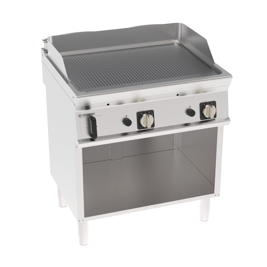 Fry-Top gas piastra rigata cromata spazzolata freestanding su vano aperto
