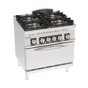 Cucina gas ermetica 4 fuochi con griglie in ghisa su forno elettrico statico GN2/1 con 1 griglia