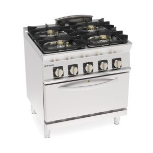 Cucina gas ermetica 4 fuochi con griglie in ghisa su forno elettrico convezione GN1/1 con 1 griglia