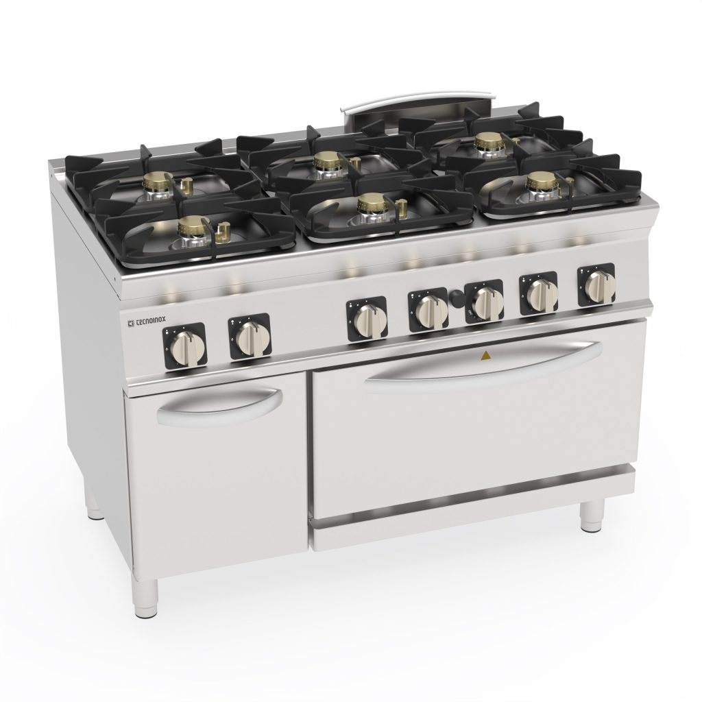 Cucina gas ermetica 6 fuochi con griglie in ghisa su forno gas statico GN2/1 con 1 griglia