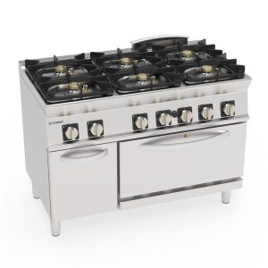 Cucina gas ermetica 6 fuochi Super con griglie in ghisa su forno gas statico GN2/1 con 1 griglia