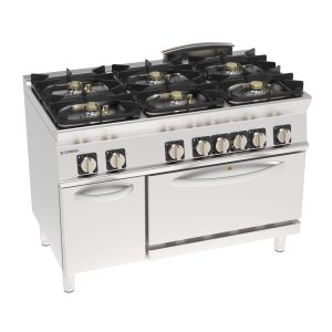 Cucina gas ermetica 6 fuochi con griglie in ghisa su forno elettrico statico GN2/1 con 1 griglia