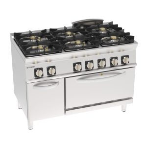 Cucina gas ermetica 6 fuochi con forno elettrico convezione GN1/1 con 1 griglia